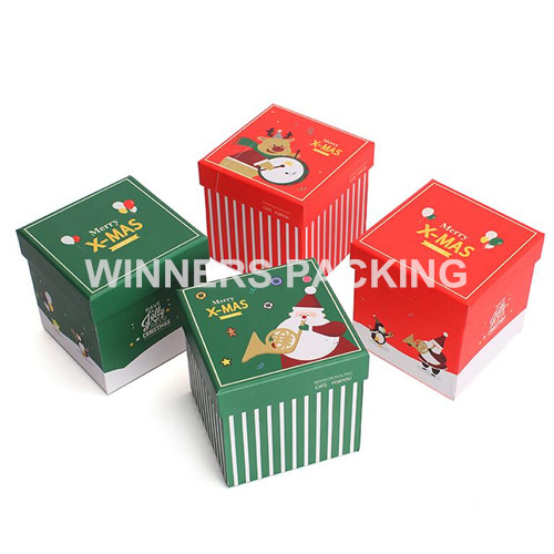Front view of printed Christmas gift box with festive designs