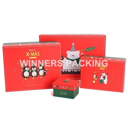 Front view of affordable decorative Christmas cardboard storage box