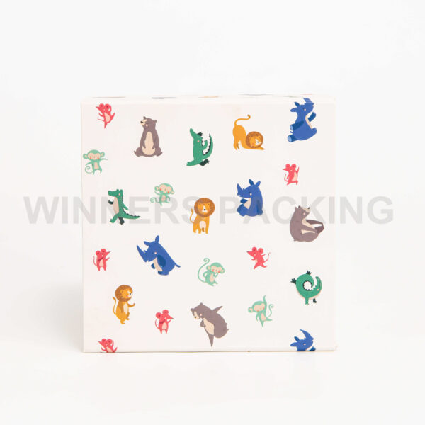 Front view of collapsible kids gift box with cartoon animals