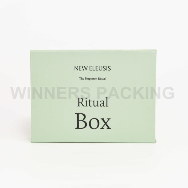 Front view of matte green collapsible gift box with magnetic closure