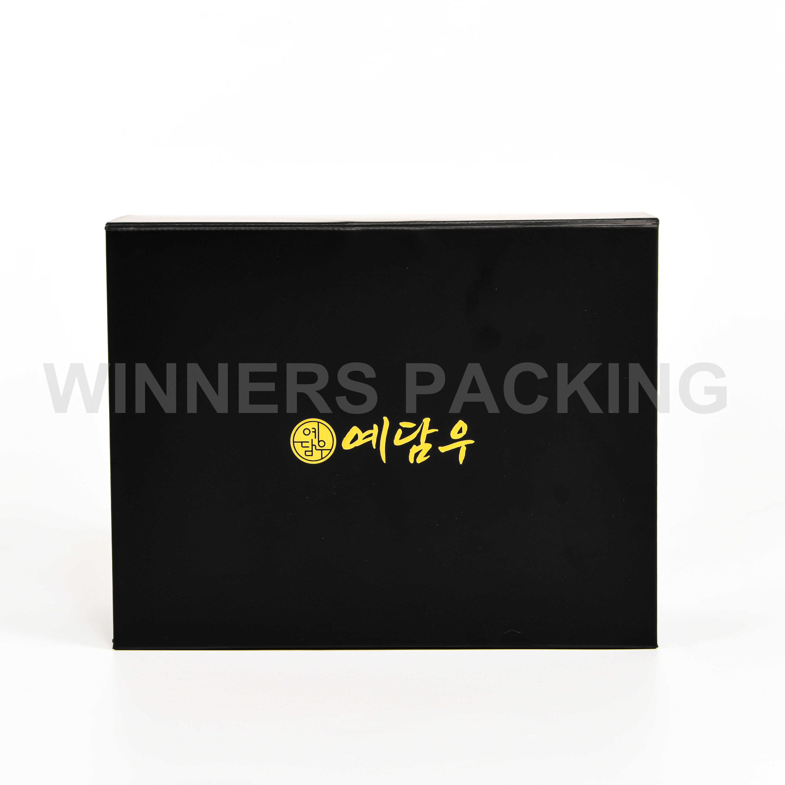 Front view of matte black collapsible magnetic gift box with gold foil logo