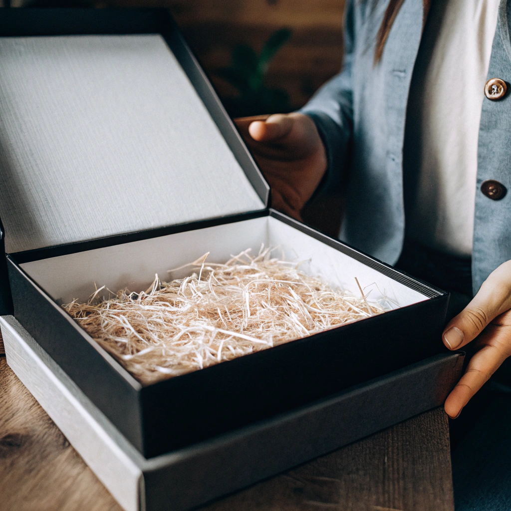 A close-up shot showing the sturdy construction and luxury texture of a rigid box.