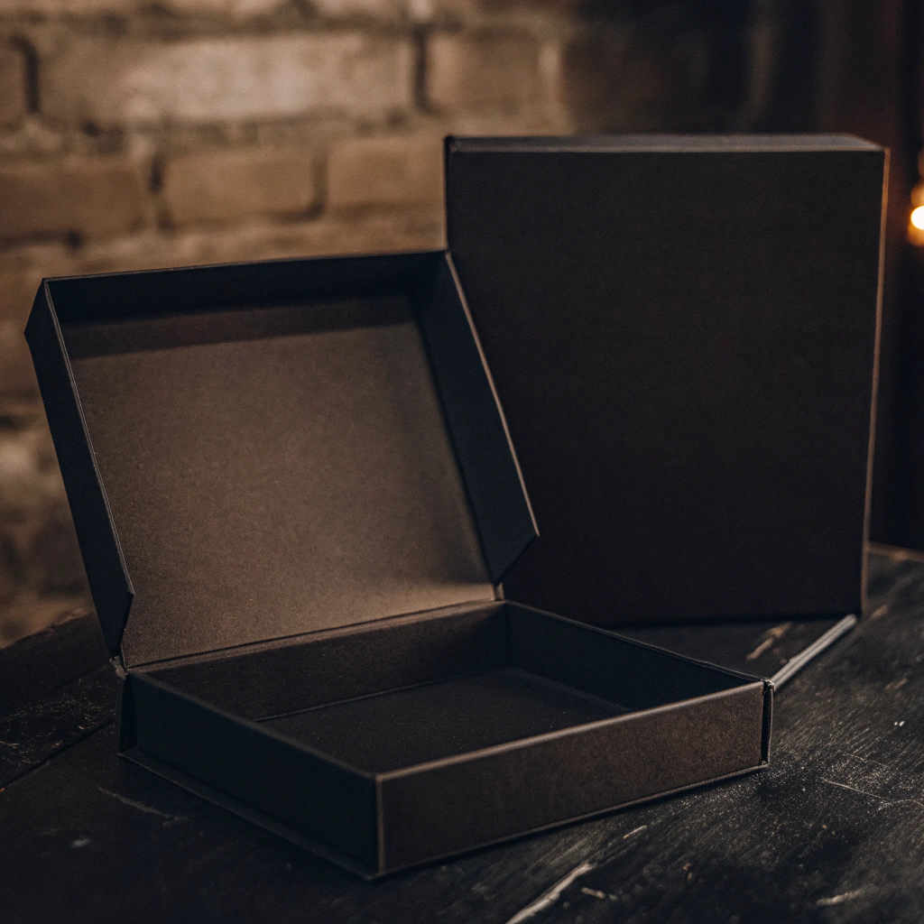 A side-by-side comparison showing a sturdy, pre-assembled rigid box next to a flat, unassembled folding paper box.