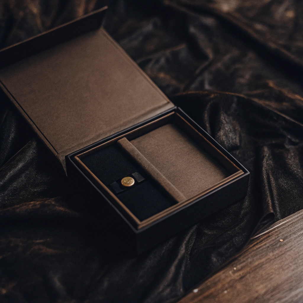 A stylish minimalist rigid box with clean typography and a textured, eco-friendly paper finish.