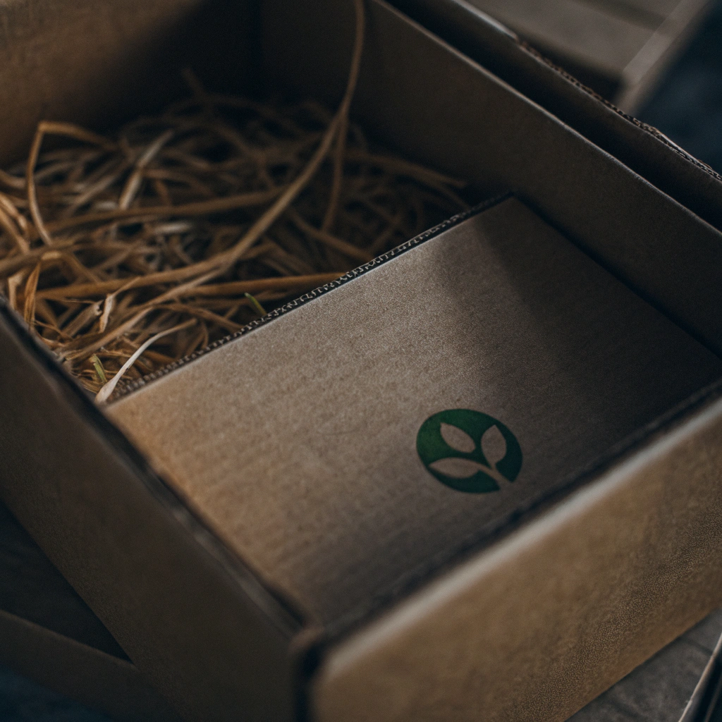 A rigid box decorated with a small green leaf icon, showing its eco-friendly paper source and recyclability.