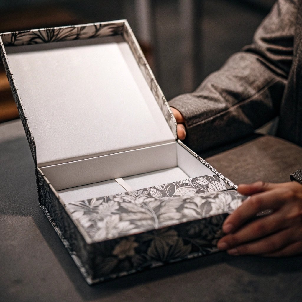 A collection of custom rigid boxes for different industries like cosmetics, electronics, and luxury goods.