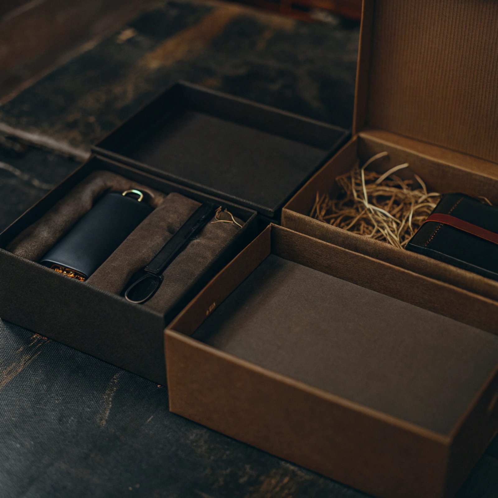 A beautiful box that has been repurposed as a stylish desktop organizer or planter.